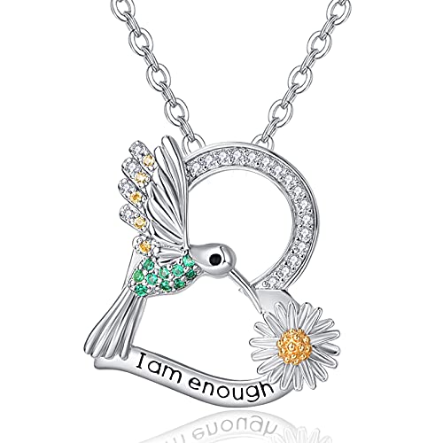 TANGPOET Collier Colibri en Argent Sterling 925 Bijoux Cadeau Cristal Abalone Shell Marguerite Hibou Amour Coeur Pendentif Collier pour Femme Femme Maman Petite Amie Cover
