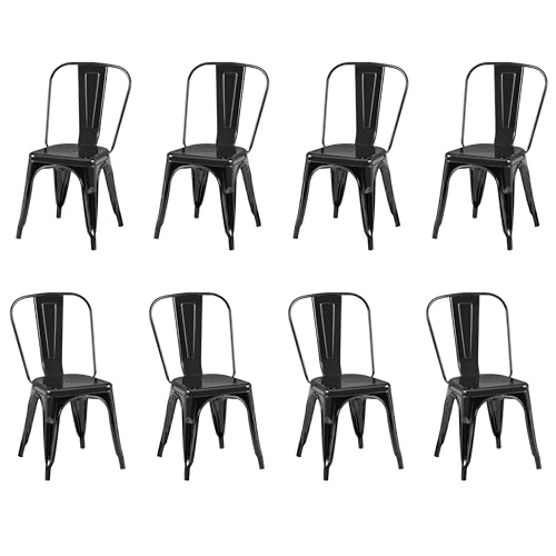 Image of Metal Dining Chairs with Backrest, Stackable, Black, 8 Pack | Easy Assembly, Non-Slip Feet, 330 lb Capacity, Kitchen, Restaurant, Cafe, Pub, Covered Patio