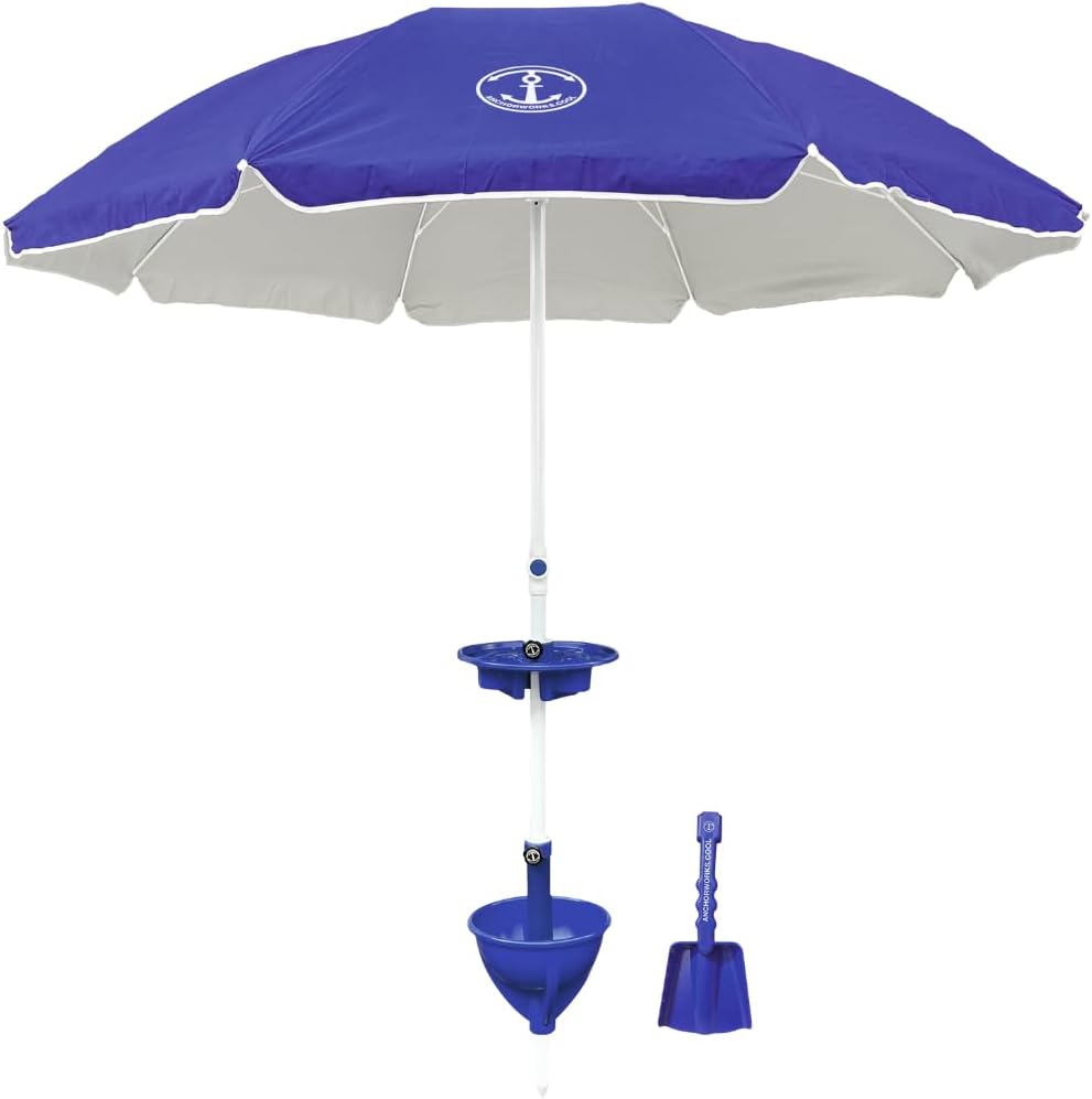 Anchor Works All-In-One Classic Beach Umbrella System - Stay Stylish and Secure with AnchorONE Sand Anchor, 7.5ft Umbrella, Carrying Bag, Shovel, and Tray - Choose from 5 Colors! Dark Blue