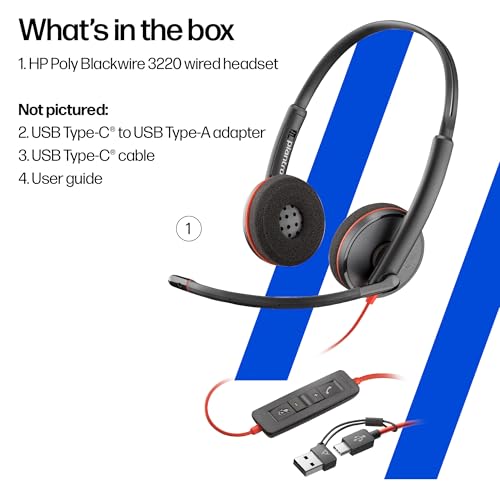 Image of Poly Blackwire 3220 Wired Headset with Mic, Hi-Fi Stereo Sound, Noise-Canceling Mic, Stereo Design, Connect to PC via USB-C & USB-A Adapter, Over-Ear Design, Works with Virtual Meeting Platforms