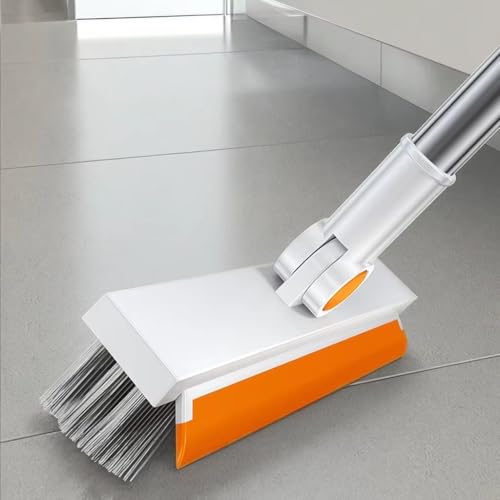 Image of 3-in-1 Tile BathroomCleaning Brush with Wiper | 180 Rotating Head | Long Handle Floor Scrubber Brush for Tile, Toilet | Silicone Wiper Blade, Heavy Brush (Orange)