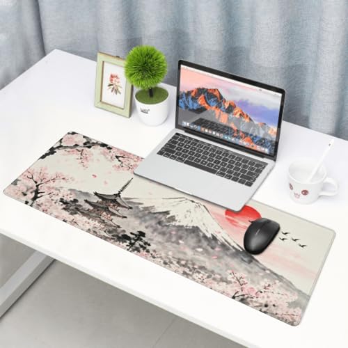 Image of Japanese Mouse Pad 31.5x11.8 XL Grey Pink Cherry Blossoms Mountain Watercolor Extended Large Mousepad Keyboard Mouse Mat Desk Pad with Non-Slip Rubber Base Stitched Edges for Home Office Game