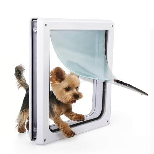 PAWISE 2 Way Dog Door Lockable Doggy Door with Safe Metal Panel & Flexible Transparent Flap Weatherproof & Easy Install Pet Door for Dogs and Cats Quiet Design Dog Flap (9.8x11.4)
