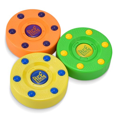 ACE HOCKEY Roller Hockey Pucks – 3-Pack, 3' Regulation Size – Indoor/Outdoor Practice for Asphalt, Concrete & Sport Court – Smooth Gliding Puck for Street, Inline & DEK Hockey – Bright Citrus Colors