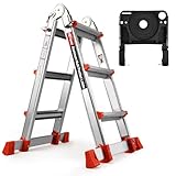 HBTower A Frame 3 Step Extension Ladder, 11 Ft Multi Position Ladder with Removable Tool Tray and Stabilizer Bar, 330 lbs Capacity Telescoping La dder for Household and Outdoor Work (Orange, 11FT)