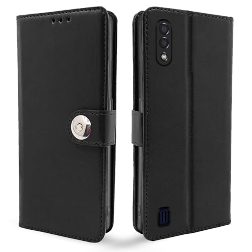 Image of Pikkme Samsung Galaxy M01 Flip Cover Leather Finish | Inside TPU with Card Pockets | Wallet Stand and Shock Proof | Complete Protection Flip Case (Button Black)
