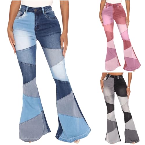 HGps8w Bell Bottom Flare Jeans for Women Color Block Patchwork Stretchy Slim Fit High Waisted Casual Denim Pants with Pockets2