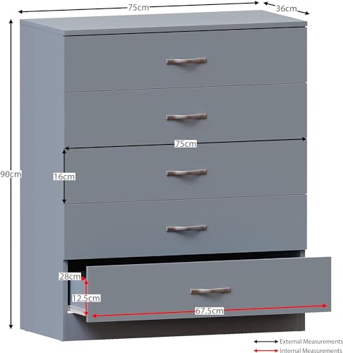 Image of 5-Drawer Gray Dresser with Metal Handles and Slides, Unique Anti-Sag Drawer Support, Bedroom Storage Unit