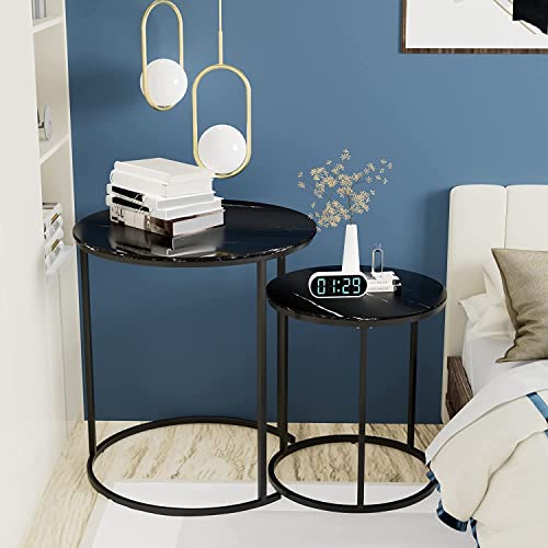 Image of Coffee Tables for Living Room - Small Round Coffee Table Set of 2, Center Table with Solid Wood Table Top and Sturdy Metal Frame, Nesting Tables for Small Spaces -Black