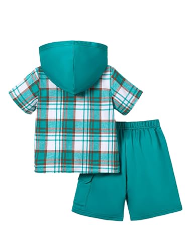Image of Boys Clothes Shorts Sets Plaid Short Sleeve Hooded Button Shirt and Jogger Shorts for Kids Summer Outfits