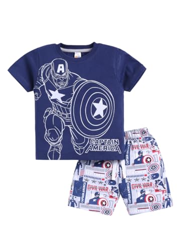 LITTLE NINJA Pure Cotton Knee Length Half Sleeve Captain America Printed Tee & Shorts Set - Blue and Black 12-18M