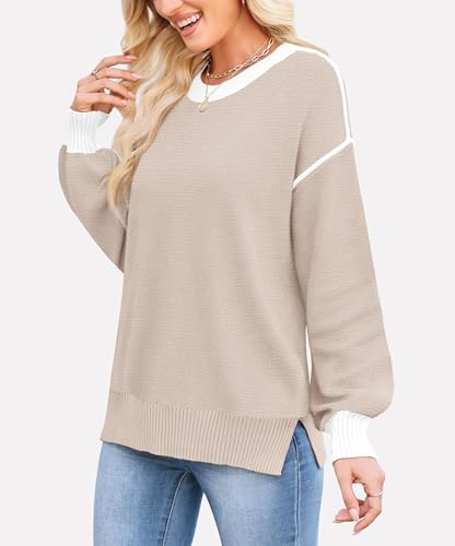 Image of WEACZZY Women Crew Neck Long Sleeve Ribbed Knit Side Slit Pullover Sweaters