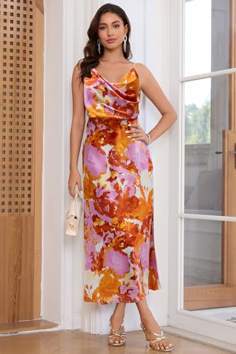 Image of Women's Summer Satin Dress Elegant Cowl Neck Adjustable Spaghetti Strap Wedding Guest Cocktail Party Maxi Dresses