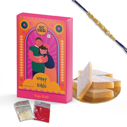 Image of GO DESi Kaju Katli 100 grams and Rakhi Combo | Rakhi Gift for Brother | Roli Chawal Set | Raksha Bandhan Sweets Combo Hamper | Indian Sweets Mithai