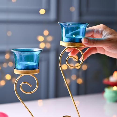 Image of Market99 Glossy Golden Metal T-Light Holder Set of 2 with Leaf Pattern & Blue Glass Votives | Stylish Decorative Tealight Candle Stand for Home Decor, Office, Living Room & Festive Season Celebrations