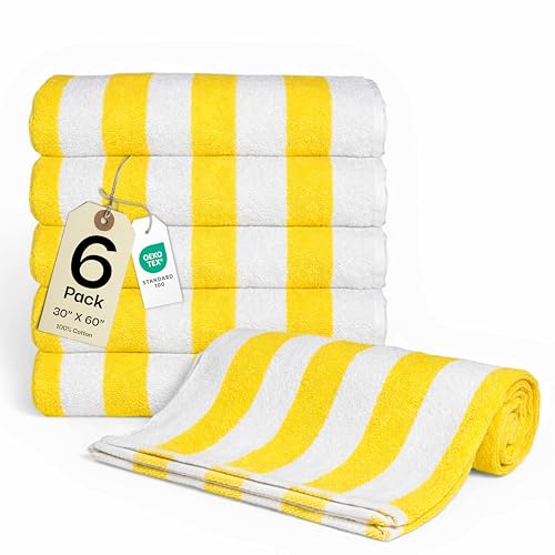 Salt Earth Cotton Striped Beach Cabana Towel 6 Pack - 30x60 Quick Dry Towels Pool Essentials Travel Gym & Bathroom Towels Oversized Beach Vacation Essentials Lemon Yellow