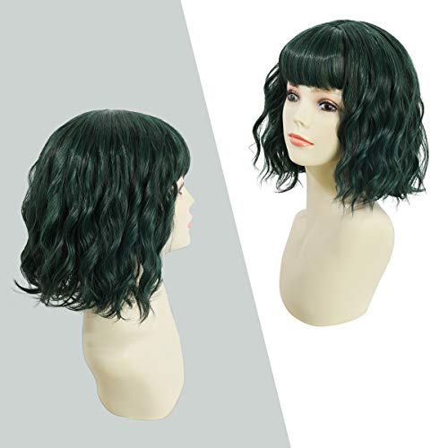 Yamel Wavy Bob Wig with Bangs Green Wig Natural Synthetic Hair Shoulder Length Short Curly Wigs for Women - Image 2