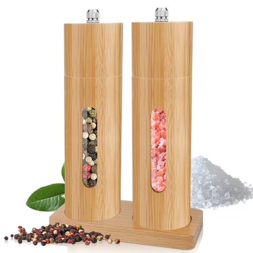 Salt and Pepper Grinder Set, Wood & Refillable Manual Salt & Pepper Mill with Wooden Tray, Pepper Mills & Salt Grinder Shaker, Kitchen Hand Spice Grinder