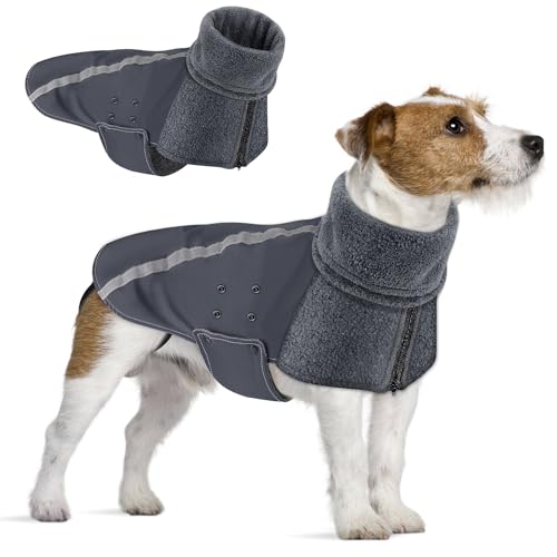 SlowTon Wintermantel für Hunde, Warmes Futter aus Polar Fleece Außenjacke für Hunde mit Rollkragenschal Reflexstreifen Einstellbar Wasserdicht Winddicht Welpenweste Weiches Haustier (S, Grau)