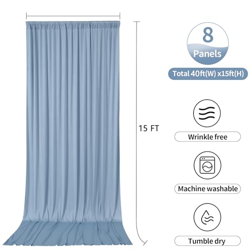 Image of 40ftx15ft Dusty Blue Backdrop Curtains for Parties, Wrinkle Free Polyester Photo Backdrop Drapes 8 Panels 15 ft Long Back Drop Cloth Drapery for Wedding Birthday Photography Background Party