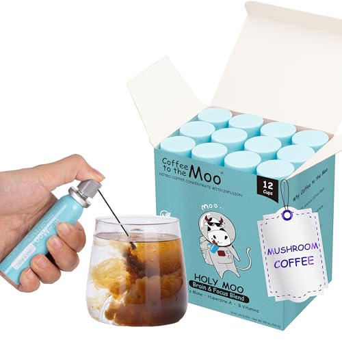 Coffee to the Moo Nitro Cold Brew Coffee Concentrate, Lion’s Mane Mushroom Coffee with Ginseng for Focus Support, Instant Hot or Iced, Pocket/Purse Sized & Travel Friendly, No Refrigeration, 12 Cups