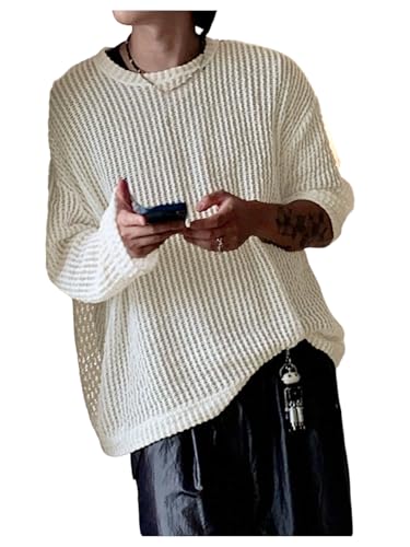 SHENHE Men's Hollow Out Sweater Crew Neck Y2k Oversized Loose Knit Sweater Jumper Streetwear