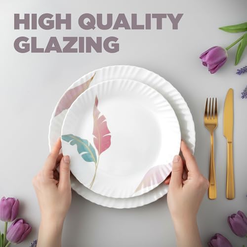 Image of Treo by Milton Opalware Aurelia Palma Dinner Set of 13 | Serving for 4 | Microwave & Dishwasher Safe | Bone-Ash Free | Tempered Toughness | Plates & Bowls | Crockery Set for Dining & Gifting