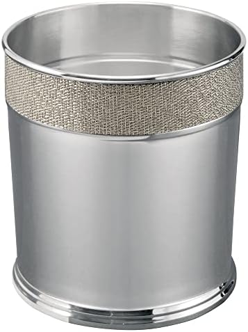 mDesign Decorative Round Small Trash Can Wastebasket, Garbage Container Bin for Bathrooms, Powder Rooms, Kitchens, Home Offices - Polished Stainless Steel with Woven Metallic Textured Accent