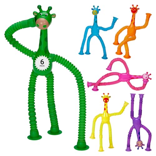 Telescopic Suction Cup Giraffe Toys for Toddler Restaurant Dinner Table Activities, Stretchy Animal Pop Tubes, Telescopic Sensory Toys for Kids with Autism Anxiety Ages 3 4 5 | 6 Pack