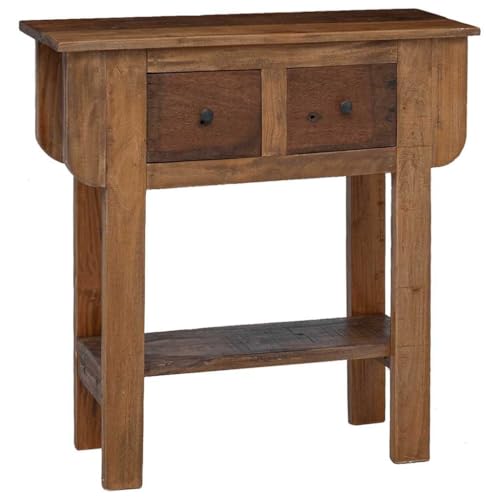 PUGYNBK Table console en bois massif vieilli 80 x 35 x 80 cm avec 2 tiroirs et étagère, style vintage rustique en acajou recyclé, teck, bois de manguier et d'acacia