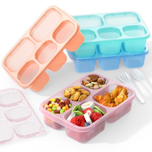 XGXN Bento Box Adult Lunch Box - 4 Pack, 5-Compartment Meal Prep Container for Kids, Stackable Snack Containers for School and Travel Lunch, Microwave Safe (Transparent(Pink/Blue/Green/Yellow))