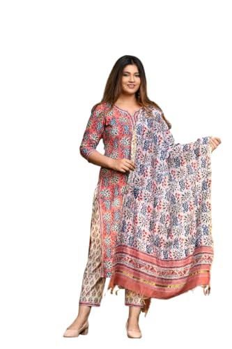 Image of Leriya Fashion Cotton Printed Kurta Sets for Woman | V Neck Festive Anarkali Suit for Women | Ethnic Kurta Set with Dupatta for Women | Wedding Kurti Set for Woman