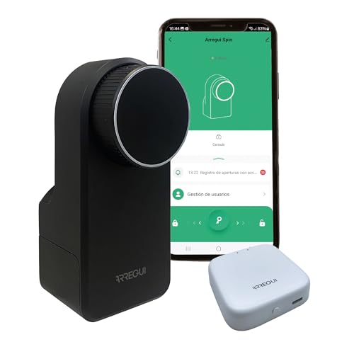 Arregui SPIN + BRIDGE – Cerradura Electrónica Inteligente con Apertura vía App, Mando y Keypad | Control desde Smartphone | Control Remoto Bridge Compatible Google y Alexa | Instalación sin Perforar