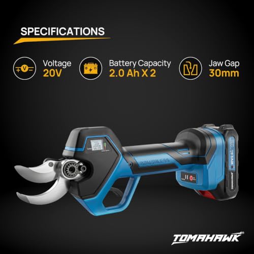 Image of TOMAHAWK TCPR-B42 Cordless Electric Pruner with Brushless Motor, 42mm Cutting Capacity 20V Battery Pruning Shears for Garden, Electric Branch Cutter with 2 x 1.5Ah Batteries & Charger
