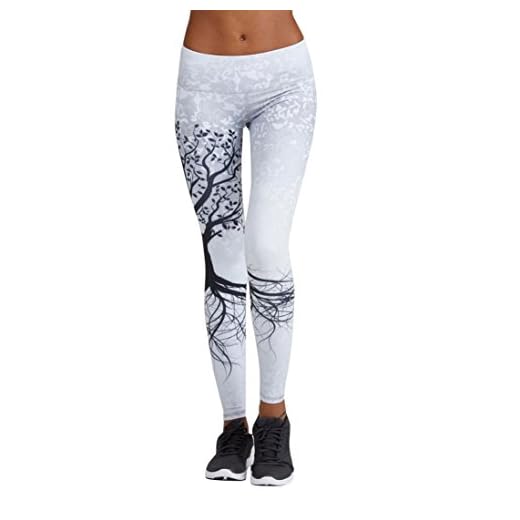 Mujer Pantalones Largos deportivos SMARTLADY Patrón de árbol Leggings para Running, Yoga y Ejercicio (S, Blanco)