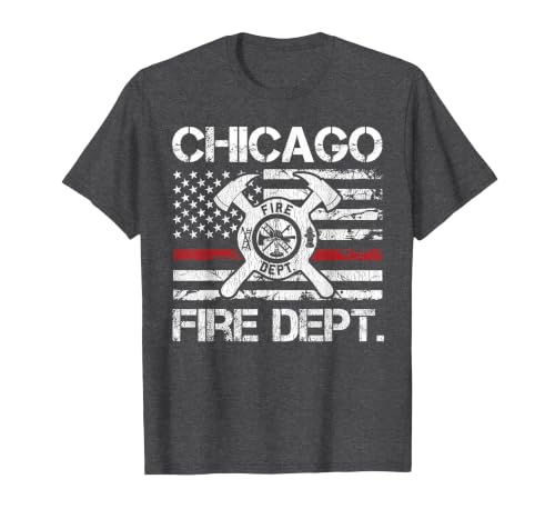 Chicago Illinois Fire Department Thin Red Line Fireman T-Shirt, Men, Dark Heather Grey, 6X-Large