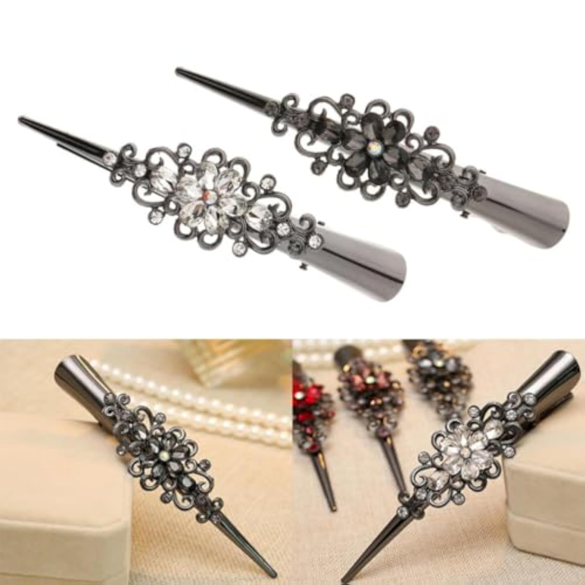 Metal Rhinestone Hair Alligator Clips, 2 Pack