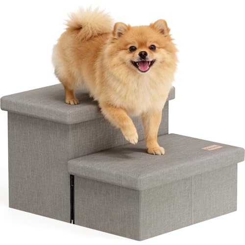 Fecuria 2-Step Wide Dog Stairs with Storage 11 H Non-Slip Sturdy Pet Steps for Couch Chair Dog Steps for Small/Medium Old Dogs Cats Rabbits Up to 150lbs Foldable Cat Puppy Stairs for Car Grey