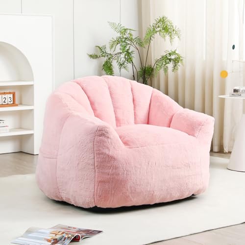 Image of Bean Bag Chair with Arms for Adults - Furry Lazy Sofa, Armrests Stuffed High-Density Foam Filler Chair, Small Cozy Reading in Bedroom Living Room and Dorms (Pink)