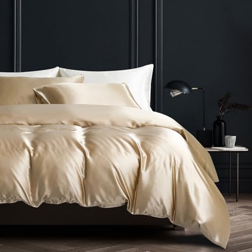 YASMENG Housse de Couette Satin 220x240 Beige Or Uni Brillant Deluxe Parure de Lit Satin Doux Lisse Soyeux Soie Linge de Lit 2 Personne Adulte avec Fermeture...