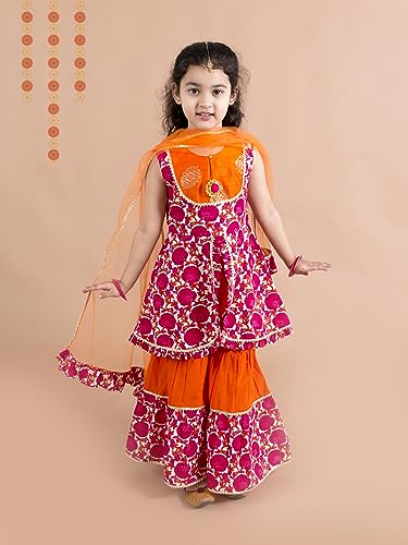Pspeaches Girls Magenta Orange Printed Angrakha Cotton Kurta Set (Pink-4-5Y)
