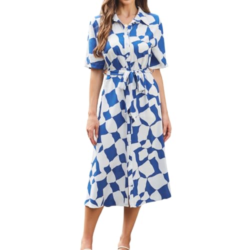 Image of BROVAVE Women's 2026 Summer Short Sleeve Work Dresses Tie Waist Button Down Animals Print Midi A-Line Shirt Dress