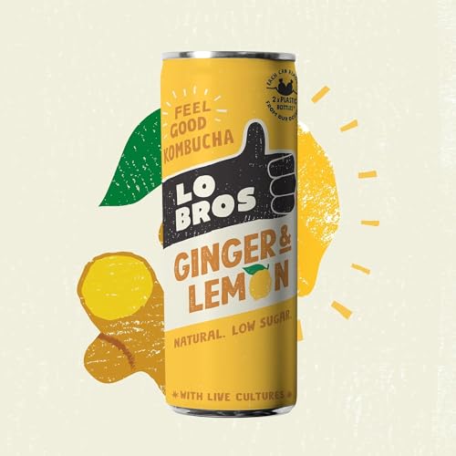 Lo Bros Kombucha - Ginger & Lemon - Sparkling Refreshing Drink with Natural Ingredients and Live Cultures, Supports Gut Health, Low Sugar, Vegan, Gluten Free- 24 x 250ml