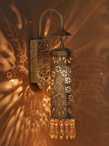 Image of Hand Carved Brass & Crystal Cylinder Sconce - Cylinder-Carving Wall Light Decorative Lighting for Living Rooms Wall Ceiling Lamp Balcony Decor, Pack of 4 (Free Bulb)