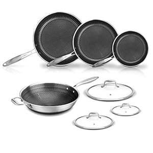 NutriChef 7-Piece Triply Stainless Steel Cookware Set – Non-Stick Honeycomb Fire Textured Pattern Frying Pans and Wok with Lids, Oven & Dishwasher Safe, Suitable for All Cooktops