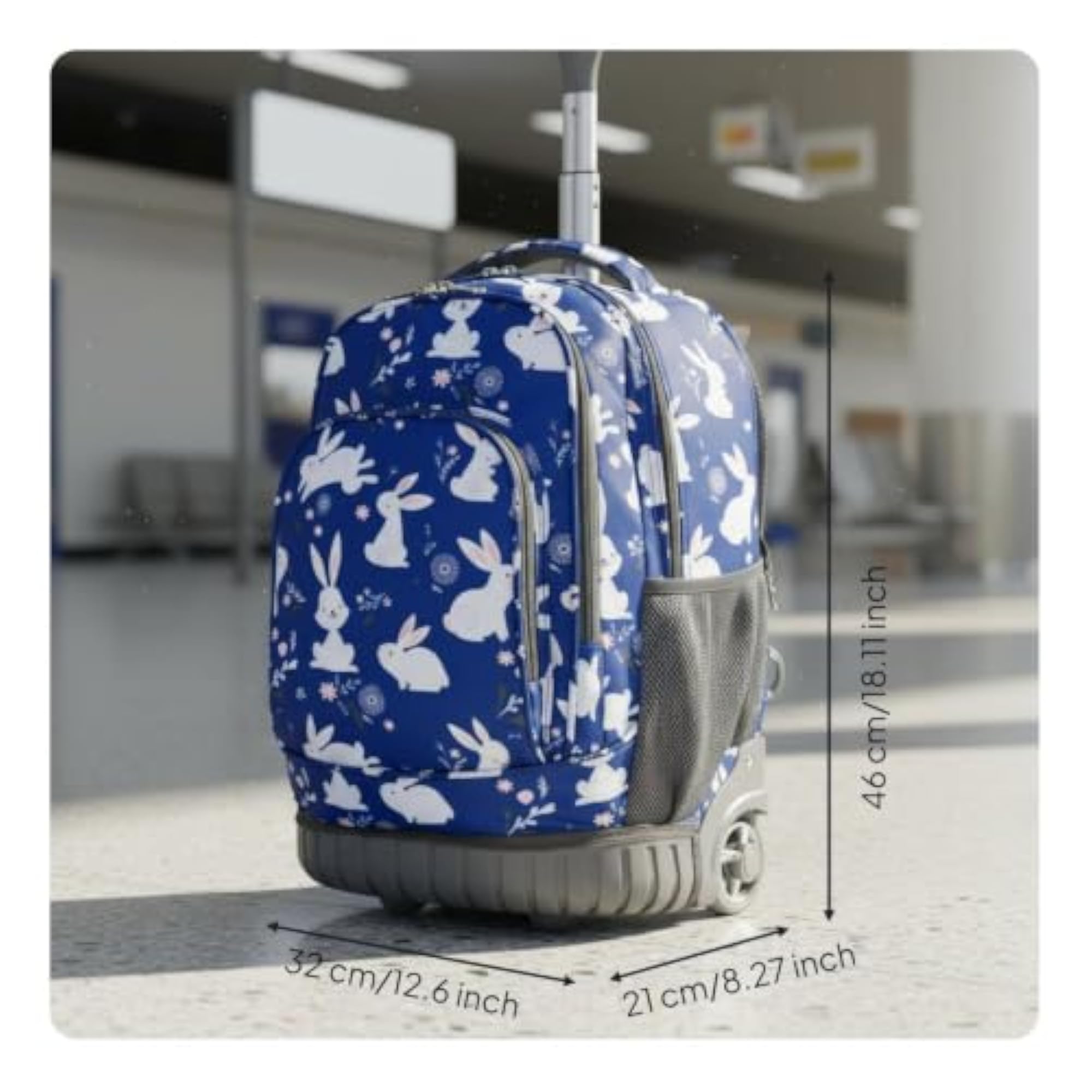 Wheeled School Backpack, 2-in-1 Design with Rabbit Pattern