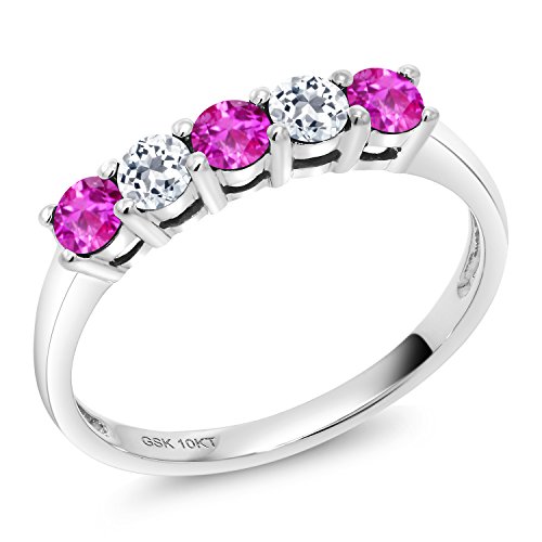 10K White Gold Pink Sapphire and White Topaz 5 Stone Wedding Engagement Anniversary Promise Ring For Women (0.67 Cttw, Round 3MM, Gemstone September Birthstone, Available In Size 5, 6, 7, 8, 9) - Main Image