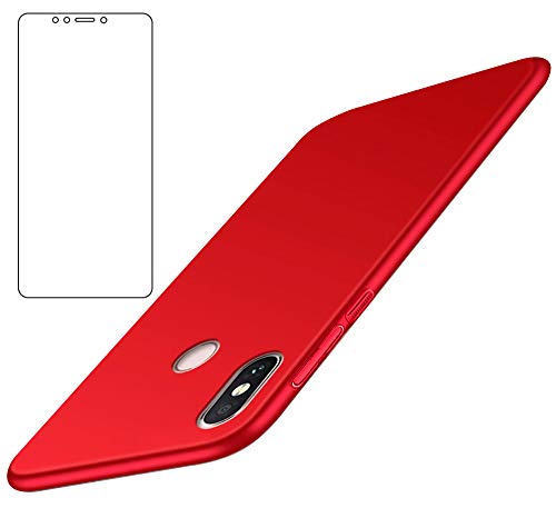 BLUGUL Coque Xiaomi Mi Max 3 + Verre Trempé, Ultra Mince, Entièrement Protecteur, Sensation de Soie, Écran Protecteur et Dur Housses pour XiaoMi Max 3 Rouge