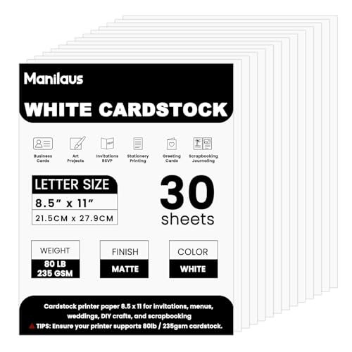 White Cardstock 8.5 x 11'Inch, 80lb Cardstock Paper, 30 Sheets Card...