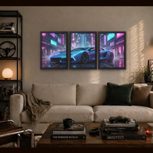 Image of BeauKraft Supercar Racing Poster Set for Wall - 3 Panel Split Posters (13x17 in Each, Framed), Sports Car Wall Art Decor for Boys Room, Living Room, Garage & Men's Bedroom (Framed - Blue)